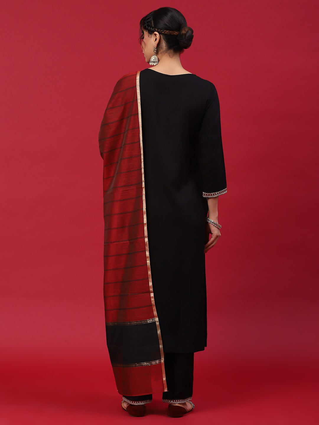 Black Embellished Kurta Pant With Striped Dupatta