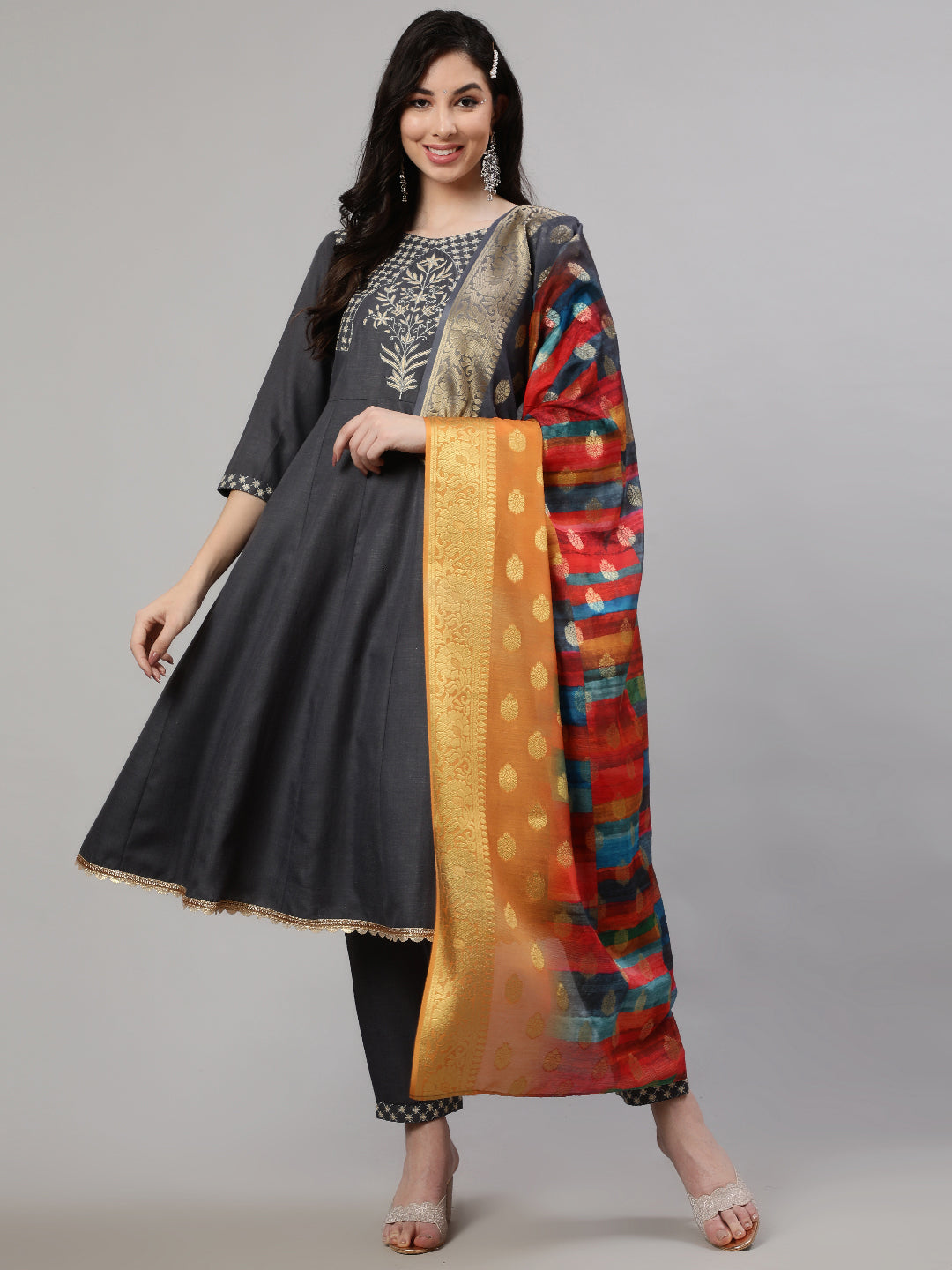 Grey Embroidered Anarkali Pant With Dupatta