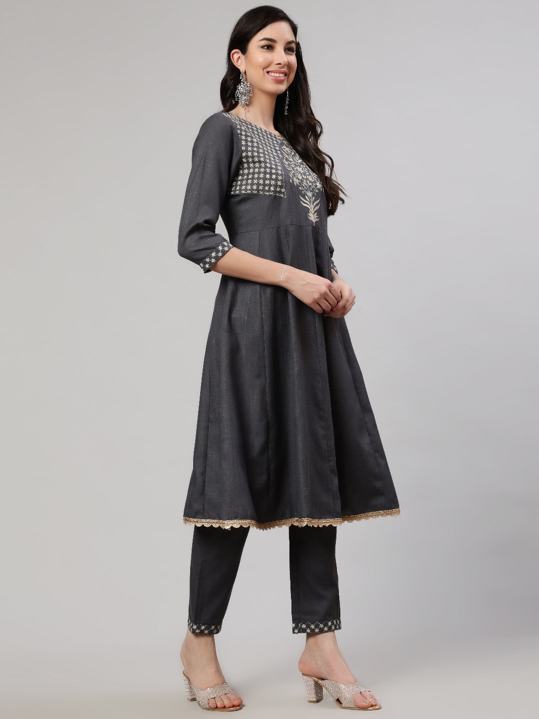 Grey Embroidered Anarkali Pant With Dupatta