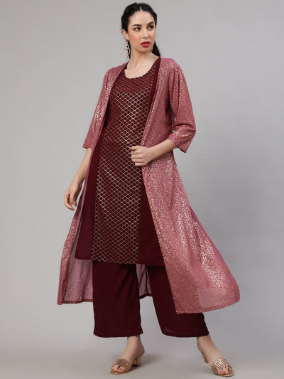 Burgundy Foil Printed Kurta Palazzo With Jacket