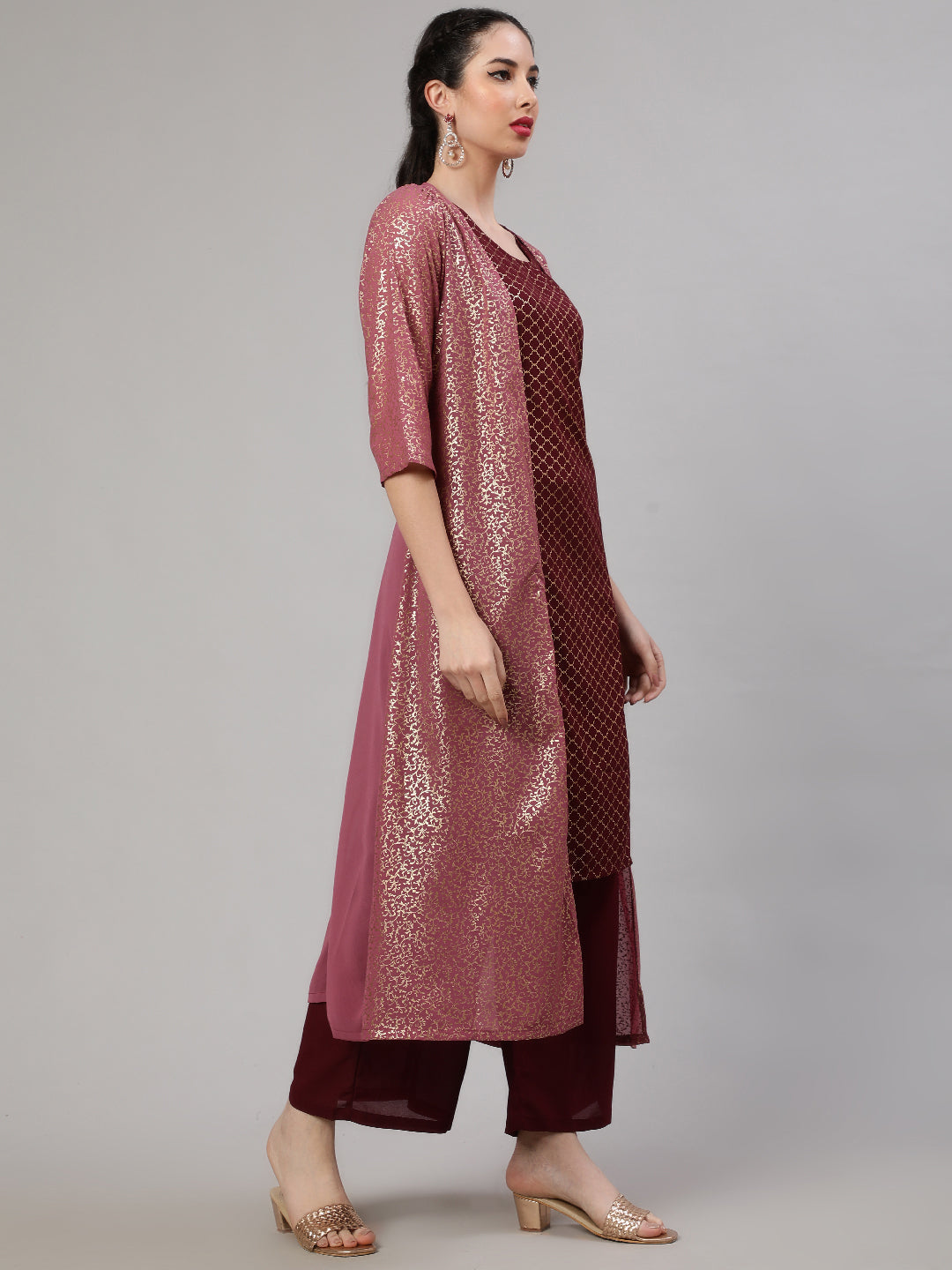 Burgundy Foil Printed Kurta Palazzo With Jacket