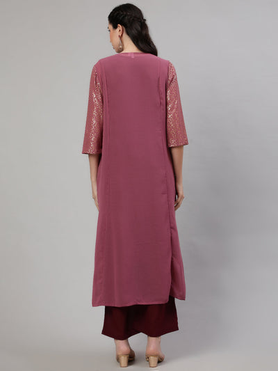 Burgundy Foil Printed Kurta Palazzo With Jacket