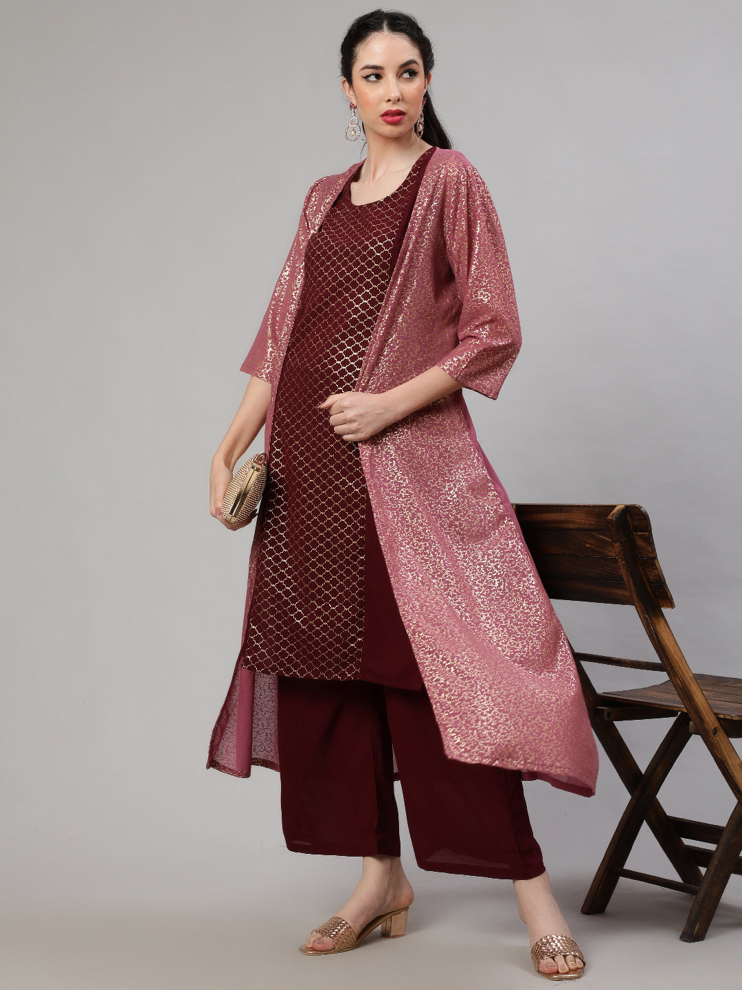 Burgundy Foil Printed Kurta Palazzo With Jacket