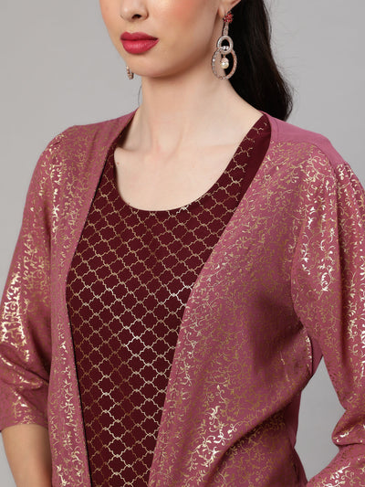 Burgundy Foil Printed Kurta Palazzo With Jacket