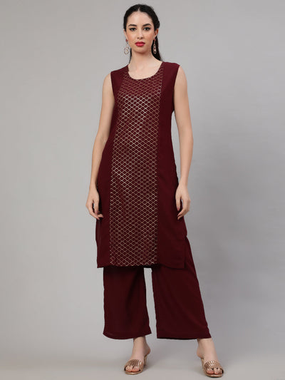 Burgundy Foil Printed Kurta Palazzo With Jacket