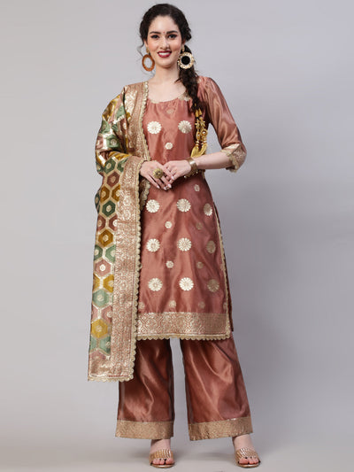 Rose Gold Embellished Kurta Palazzo With Dupatta