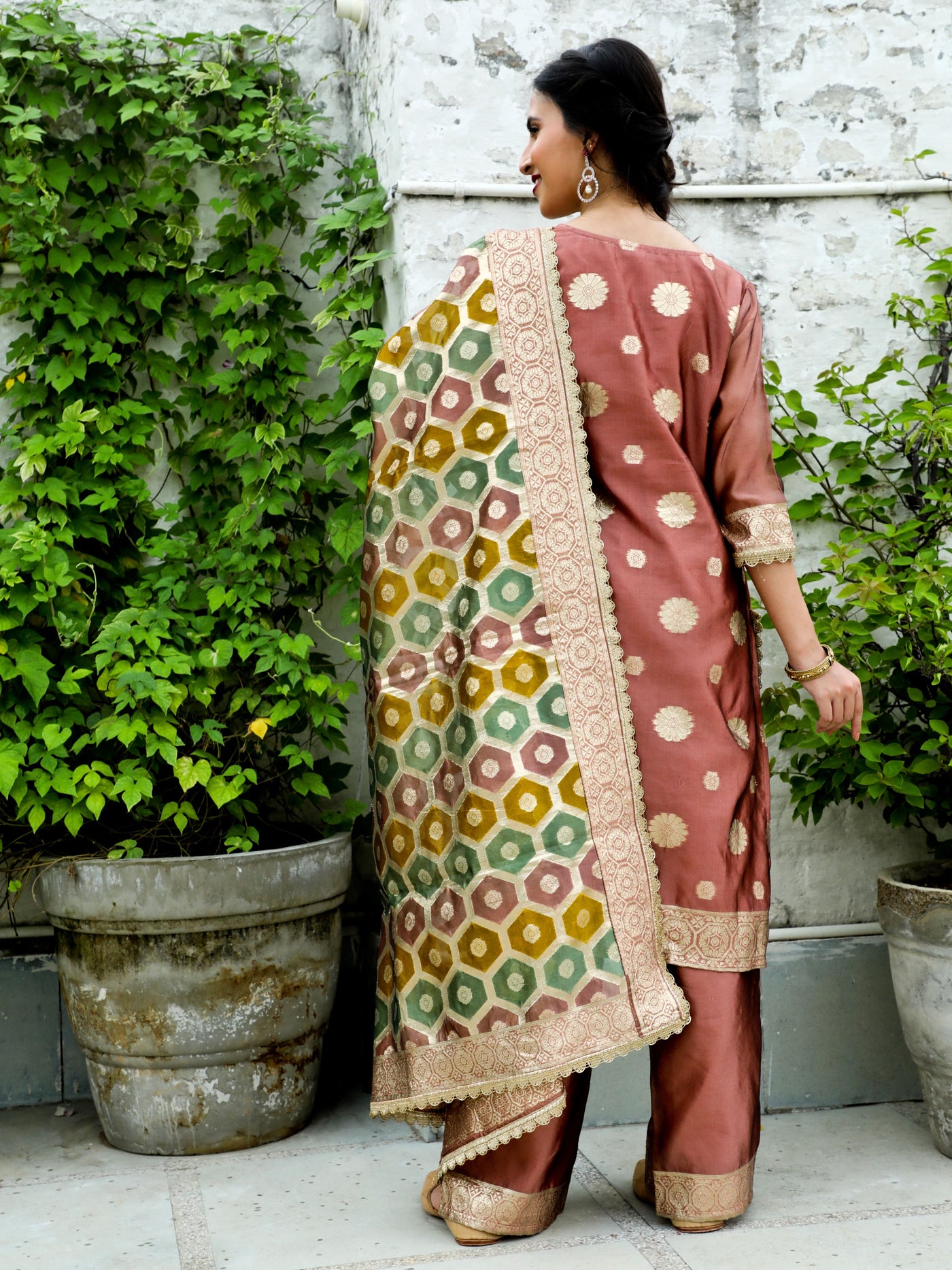 Rose Gold Embellished Kurta Palazzo With Dupatta