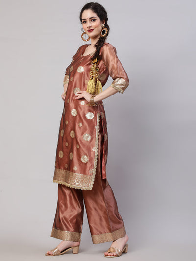 Rose Gold Embellished Kurta Palazzo With Dupatta