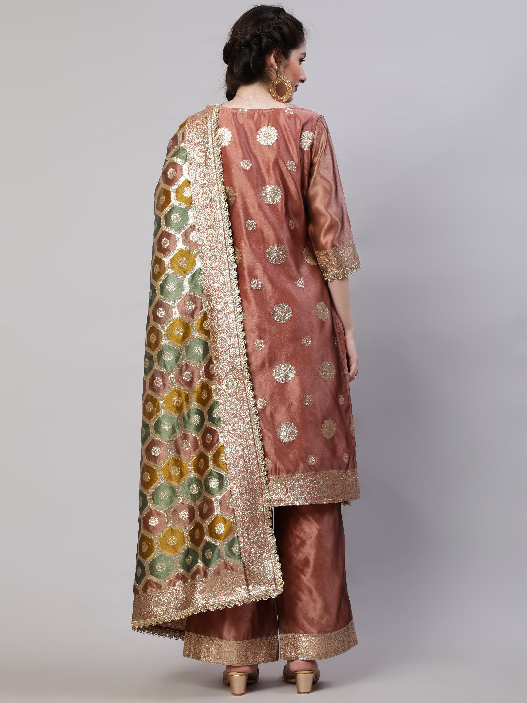 Rose Gold Embellished Kurta Palazzo With Dupatta