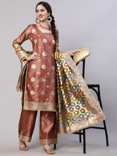 Rose Gold Embellished Kurta Palazzo With Dupatta