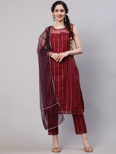 Maroon Sequin Work Kurta Pant With Dupatta