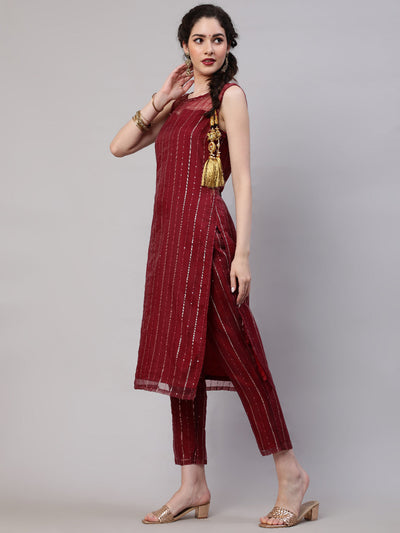 Maroon Sequin Work Kurta Pant With Dupatta