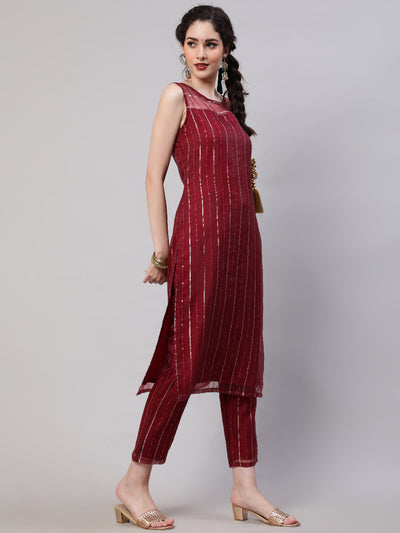 Maroon Sequin Work Kurta Pant With Dupatta