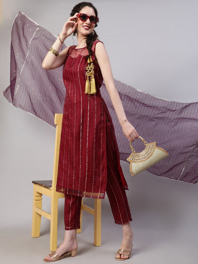 Maroon Sequin Work Kurta Pant With Dupatta