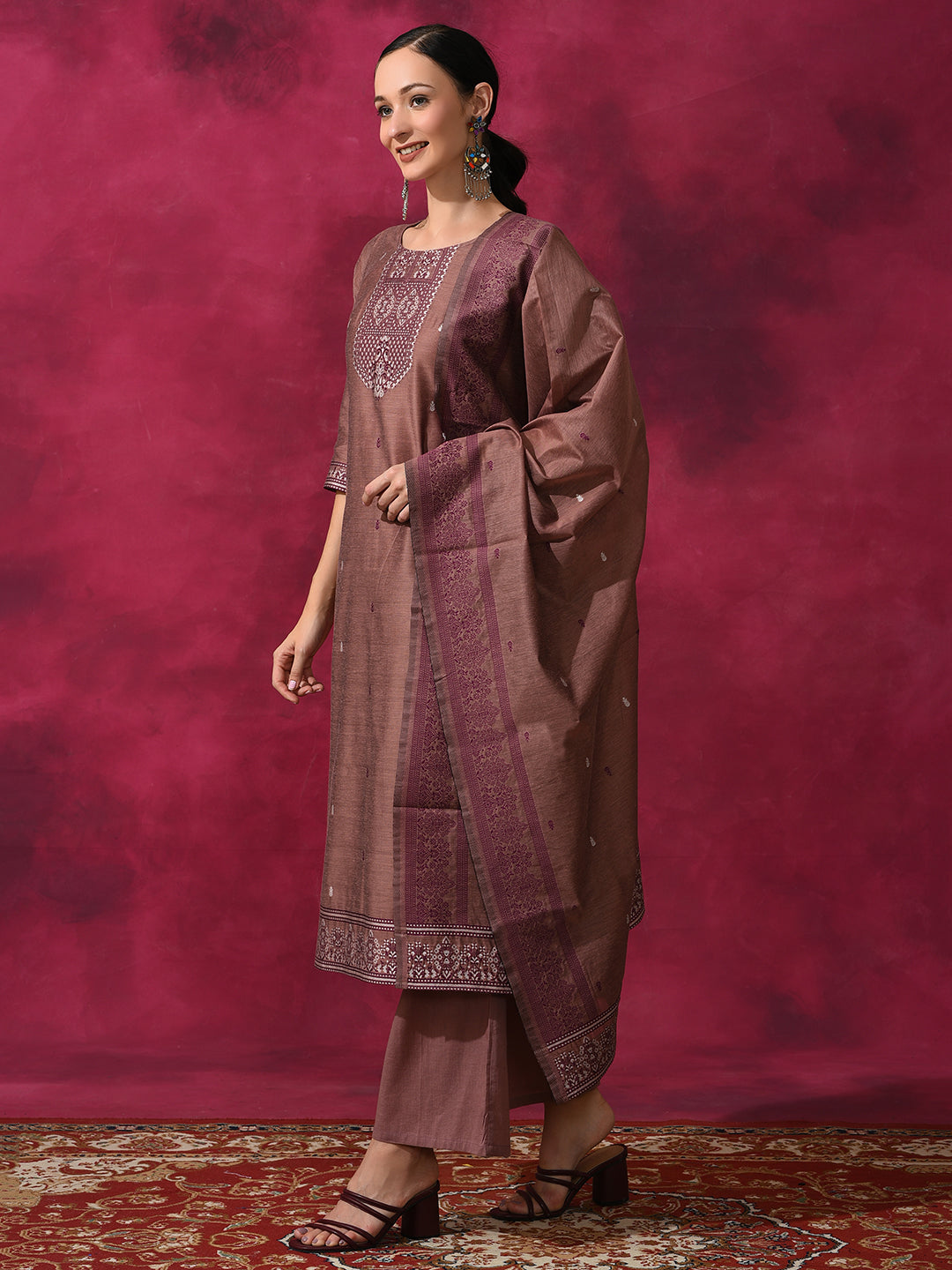 Rust Woven Designed Kurta Palazzo With Dupatta