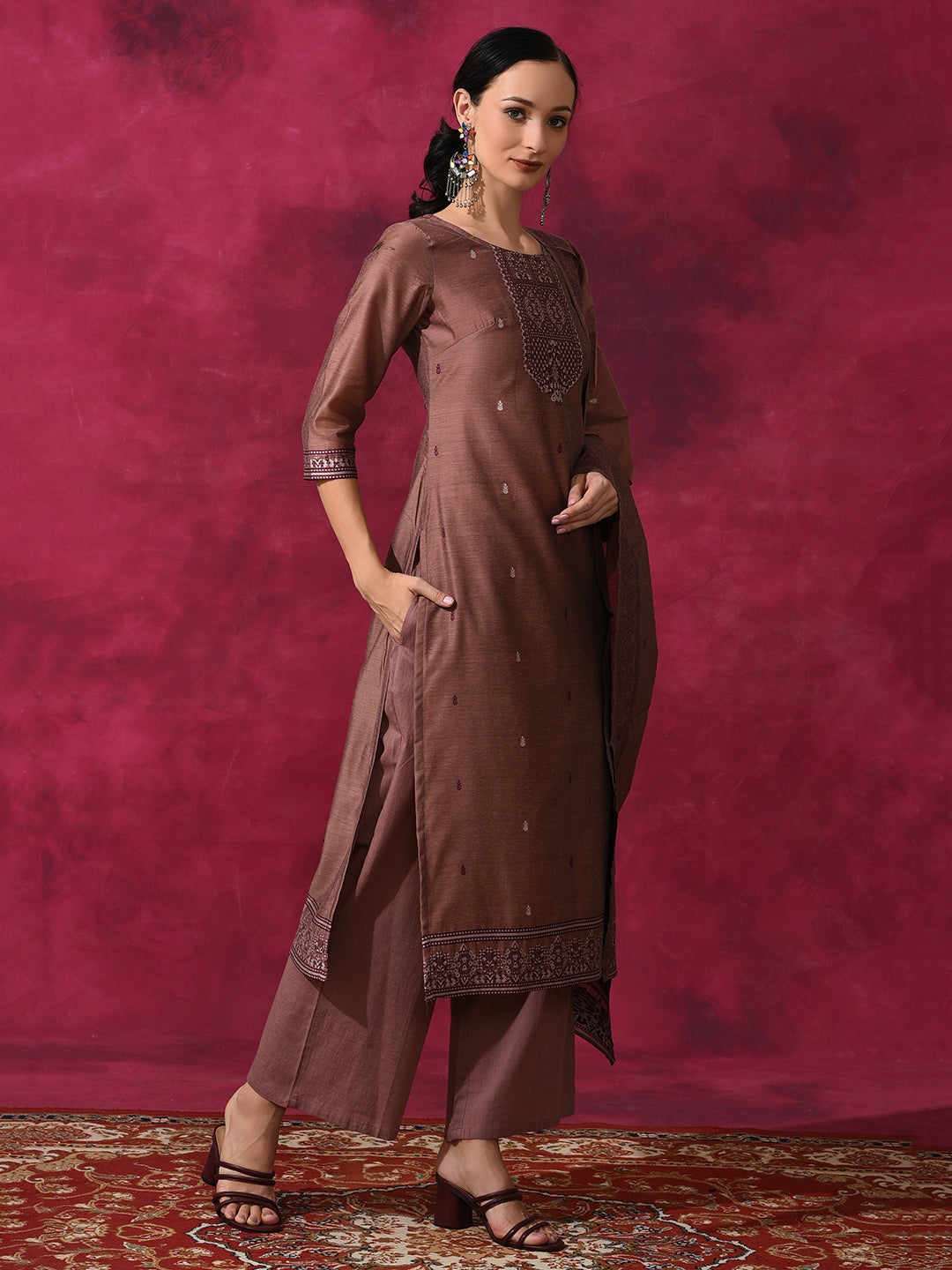 Rust Woven Designed Kurta Palazzo With Dupatta