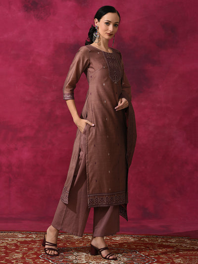 Rust Woven Designed Kurta Palazzo With Dupatta