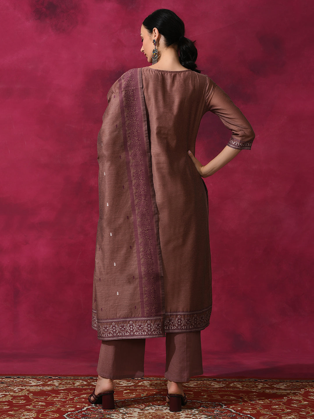 Rust Woven Designed Kurta Palazzo With Dupatta