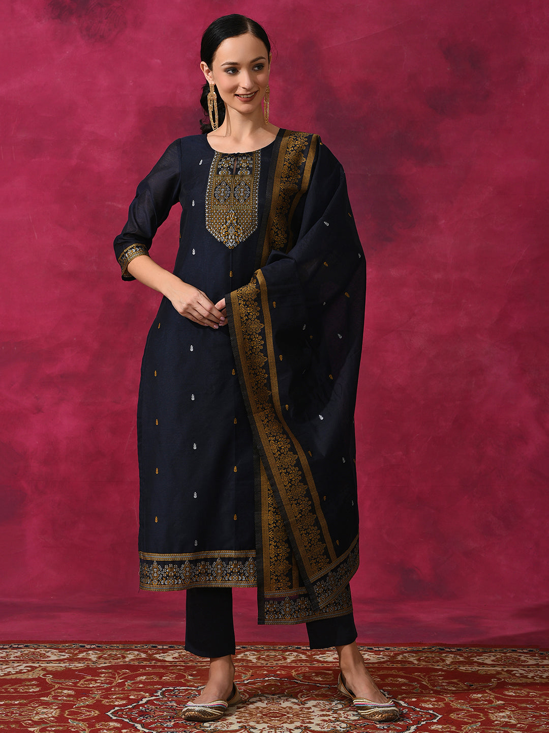 Navy Blue Woven Designed Kurta Pant With Dupatta