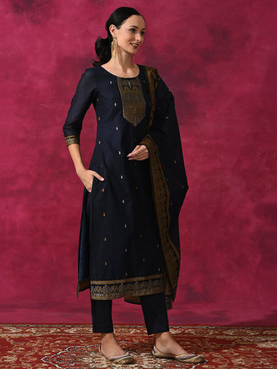 Navy Blue Woven Designed Kurta Pant With Dupatta