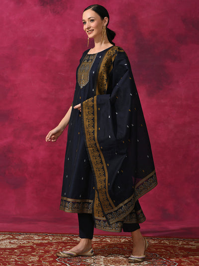 Navy Blue Woven Designed Kurta Pant With Dupatta