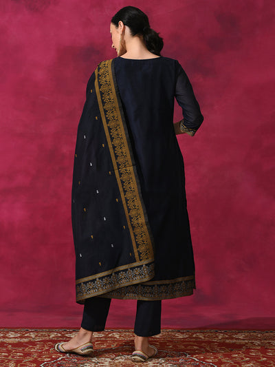 Navy Blue Woven Designed Kurta Pant With Dupatta