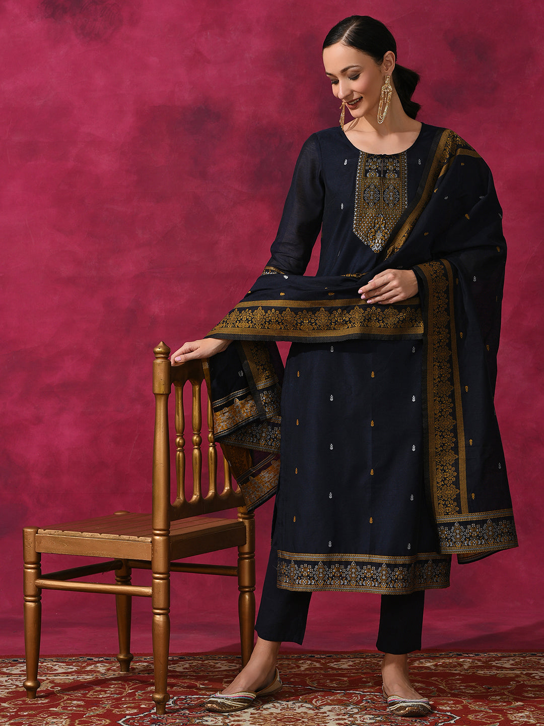 Navy Blue Woven Designed Kurta Pant With Dupatta