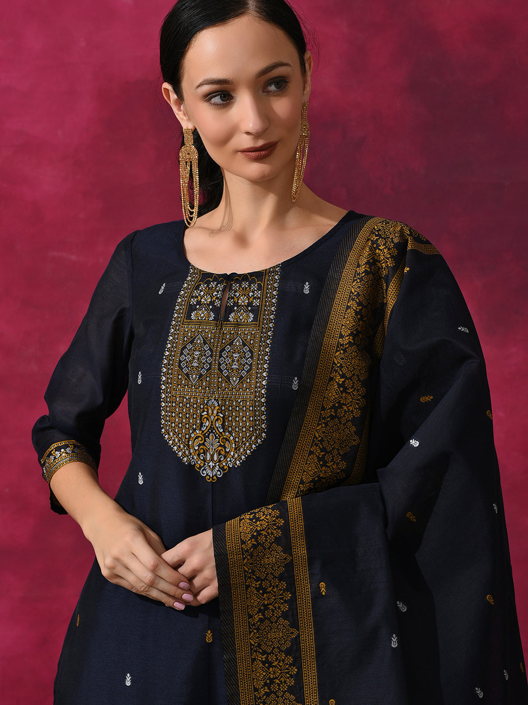 Navy Blue Woven Designed Kurta Pant With Dupatta