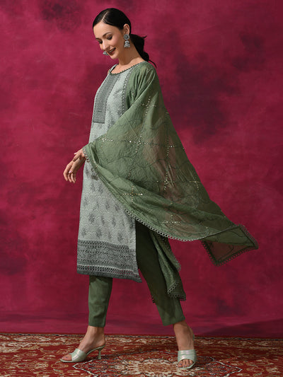 Olive Schiffle Work Kurta Pant With Dupatta