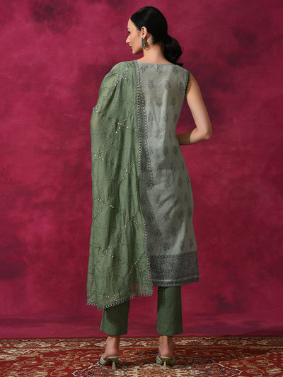 Olive Schiffle Work Kurta Pant With Dupatta