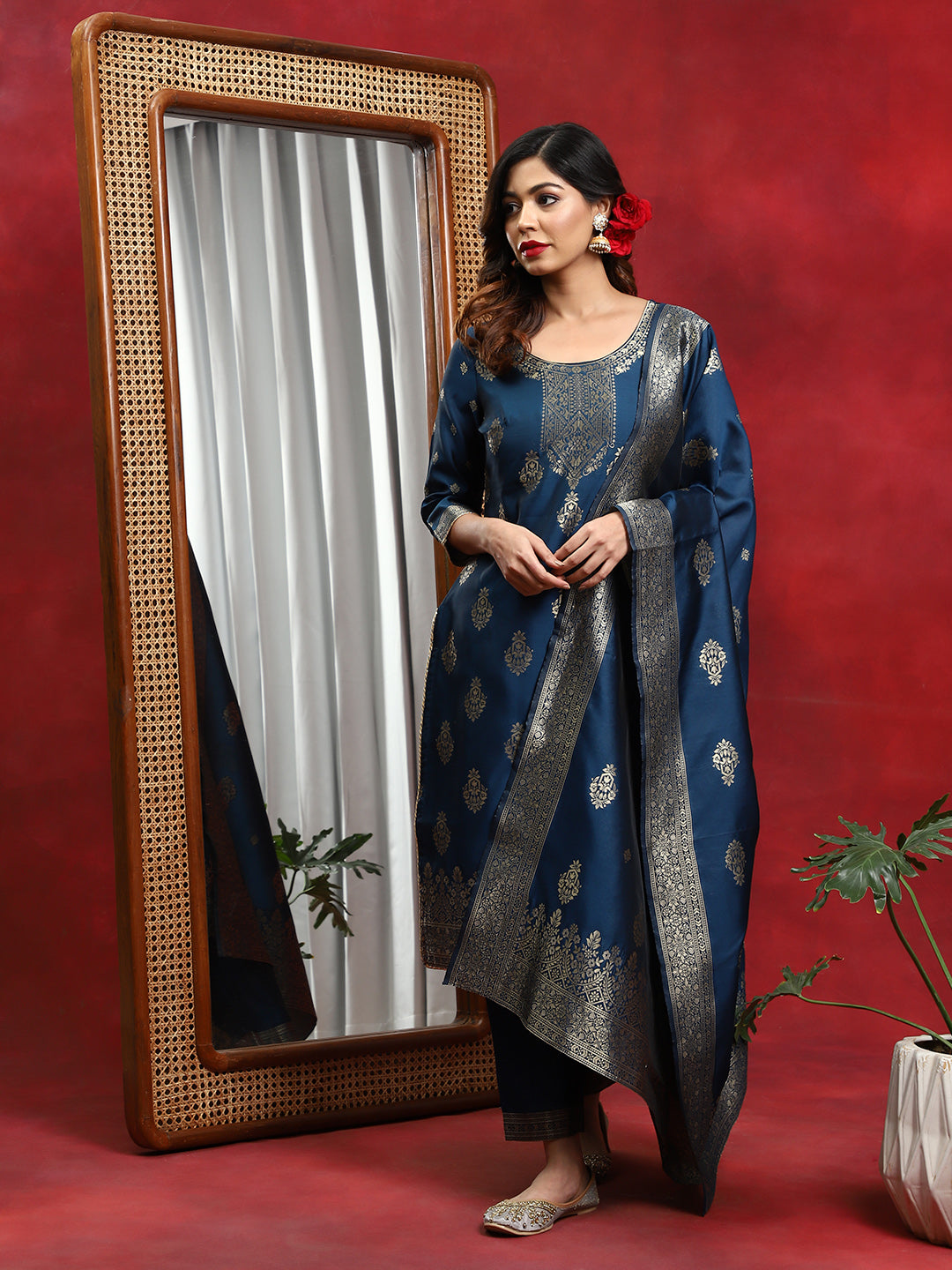 Blue Woven Designed Kurta Pant With Dupatta