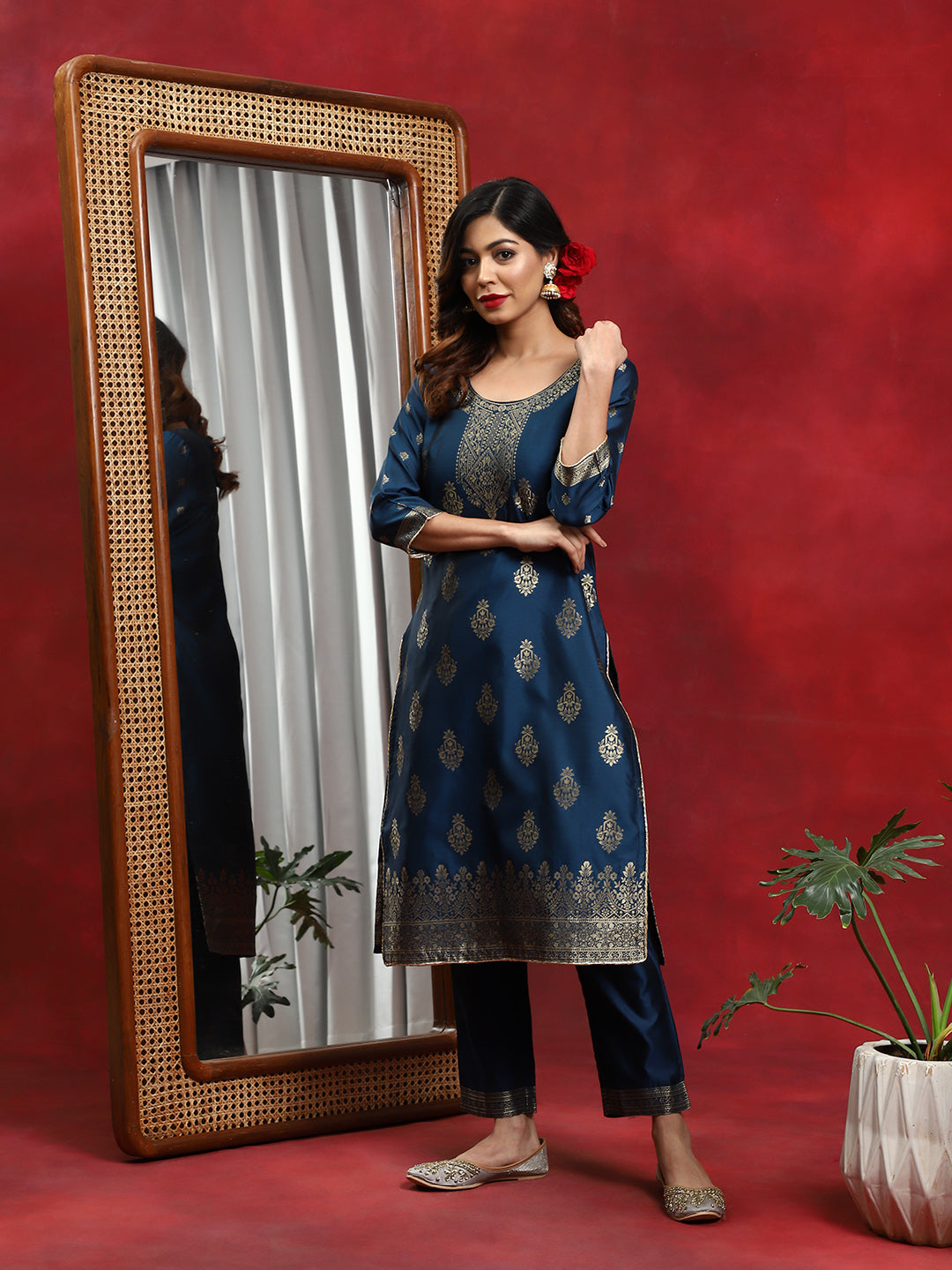 Blue Woven Designed Kurta Pant With Dupatta