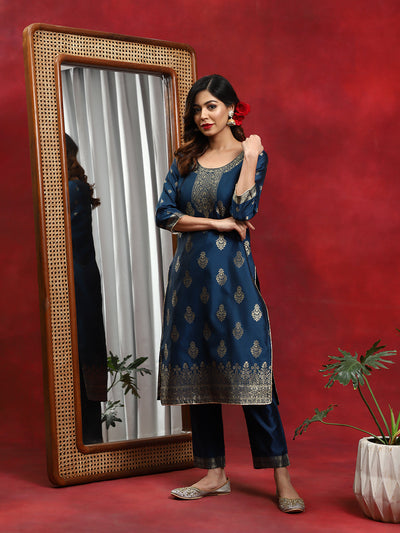 Blue Woven Designed Kurta Pant With Dupatta