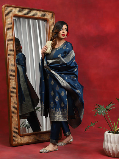 Blue Woven Designed Kurta Pant With Dupatta