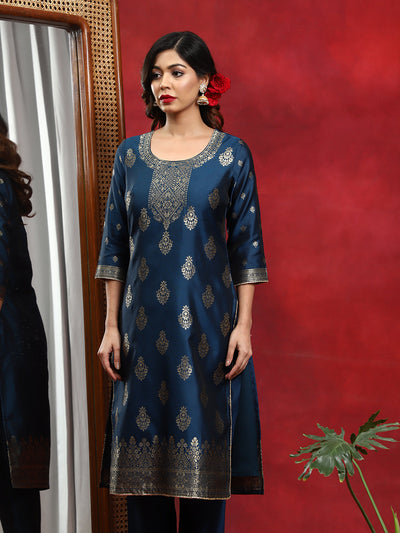 Blue Woven Designed Kurta Pant With Dupatta