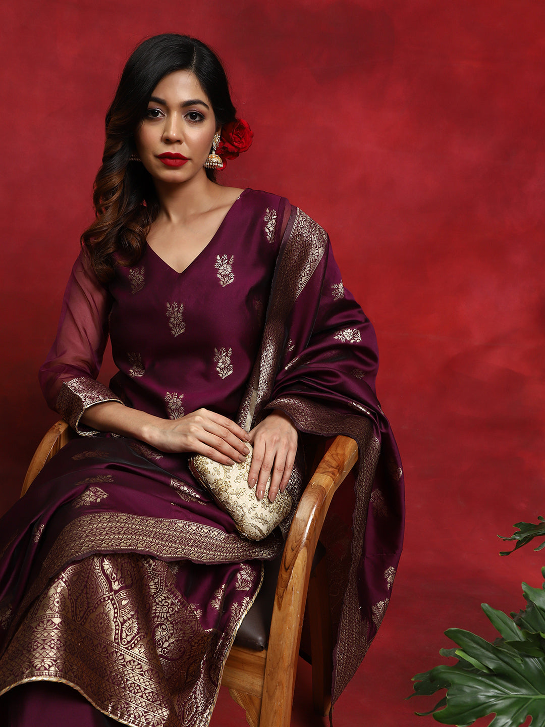 Purple Woven Designed Kurta Palazzo With Dupatta