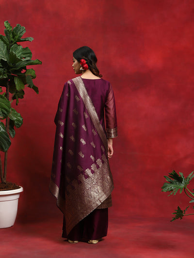 Purple Woven Designed Kurta Palazzo With Dupatta