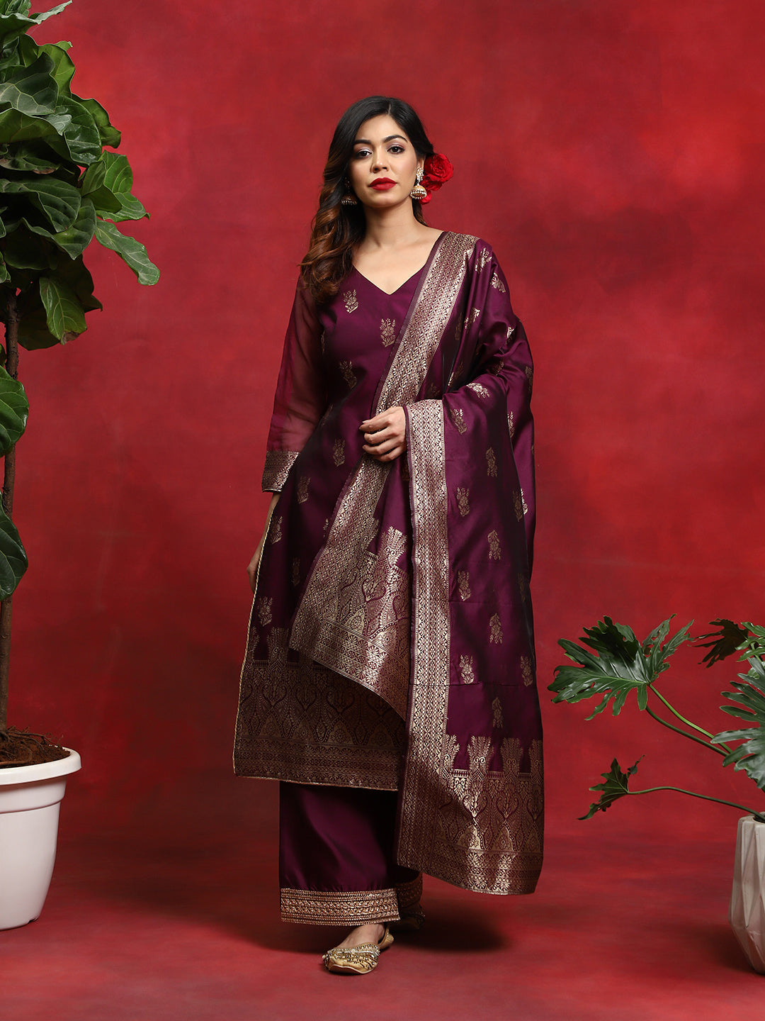 Purple Woven Designed Kurta Palazzo With Dupatta