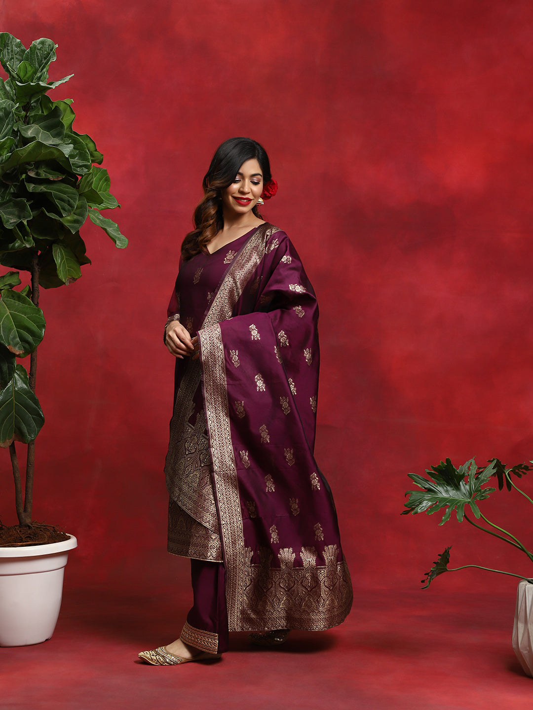 Purple Woven Designed Kurta Palazzo With Dupatta