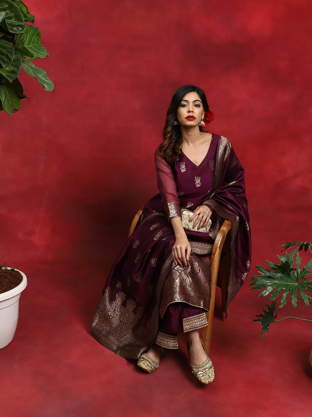 Purple Woven Designed Kurta Palazzo With Dupatta