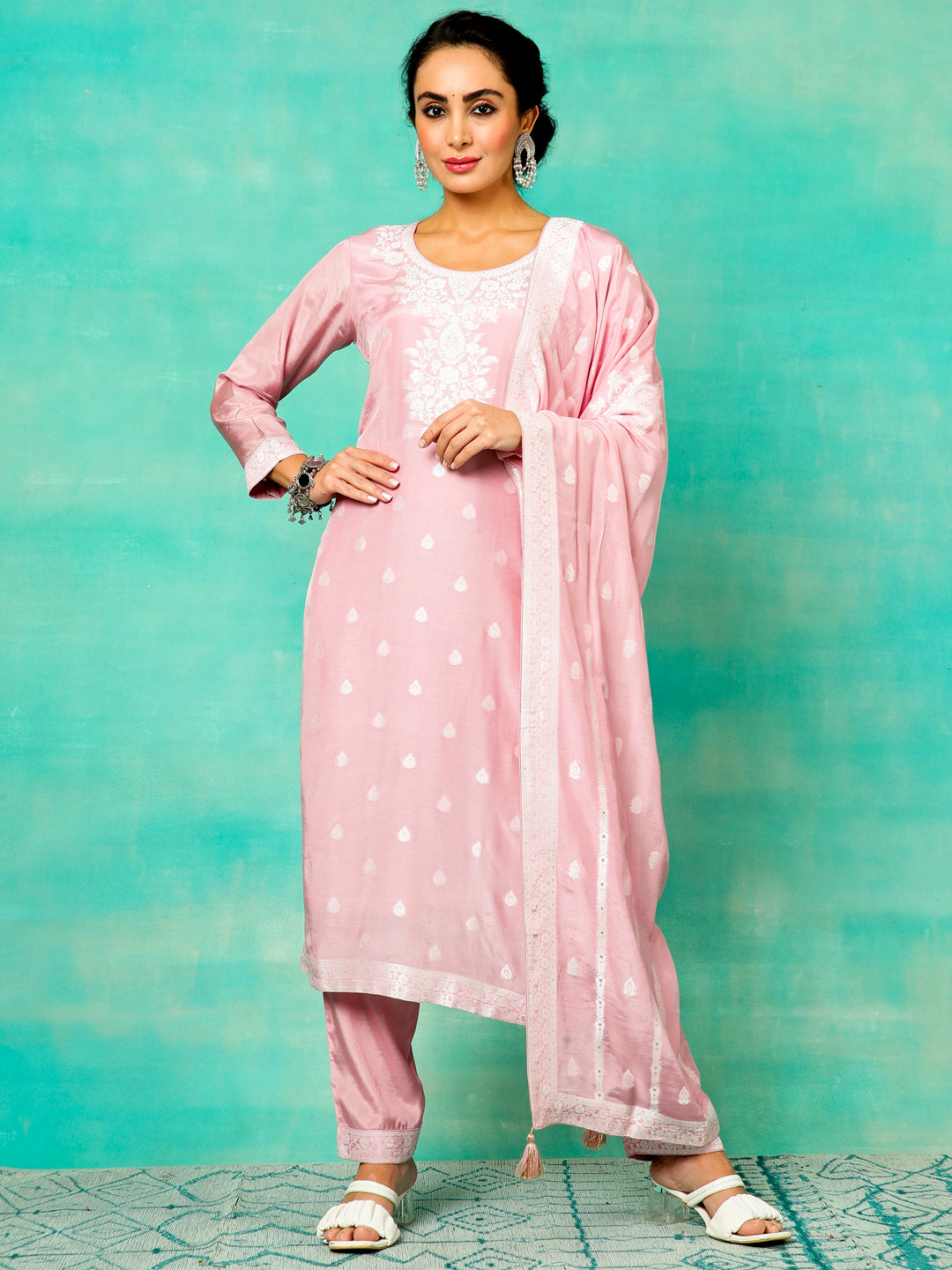 Pink Jacquard Kurta Pant With Dupatta