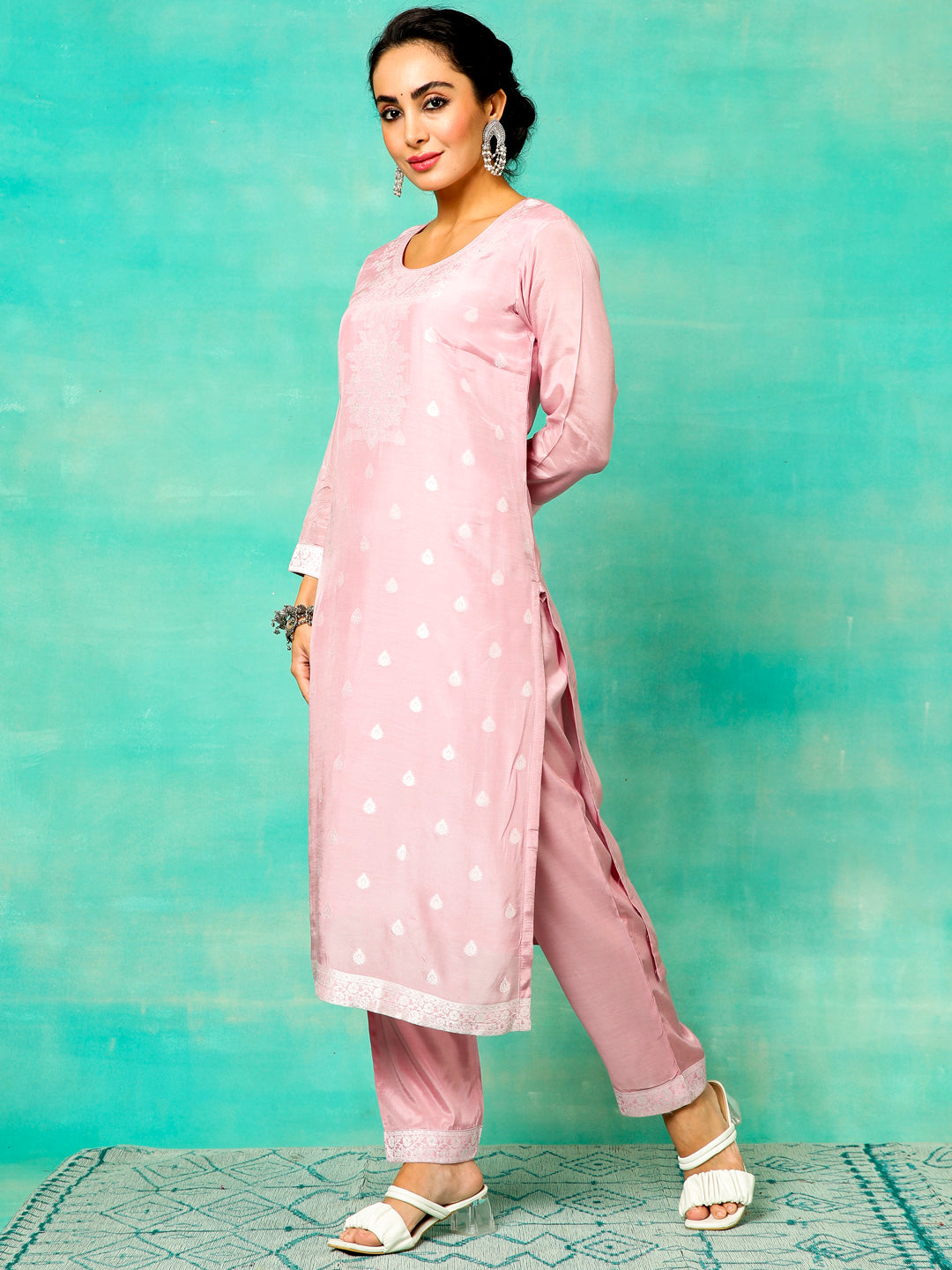 Pink Jacquard Kurta Pant With Dupatta