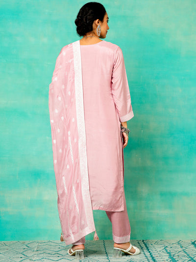 Pink Jacquard Kurta Pant With Dupatta