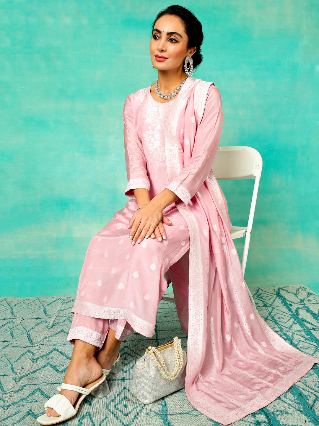 Pink Jacquard Kurta Pant With Dupatta