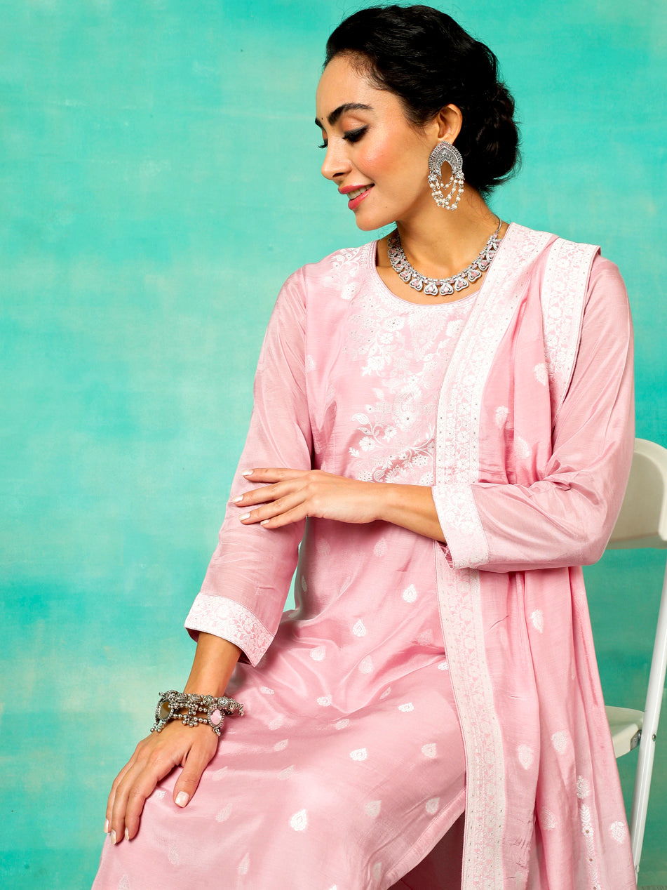 Pink Jacquard Kurta Pant With Dupatta