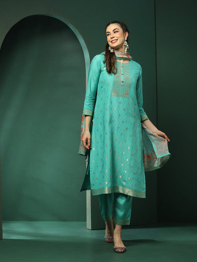 Turquoise Blue Jacquard Kurta Pant With Dupatta