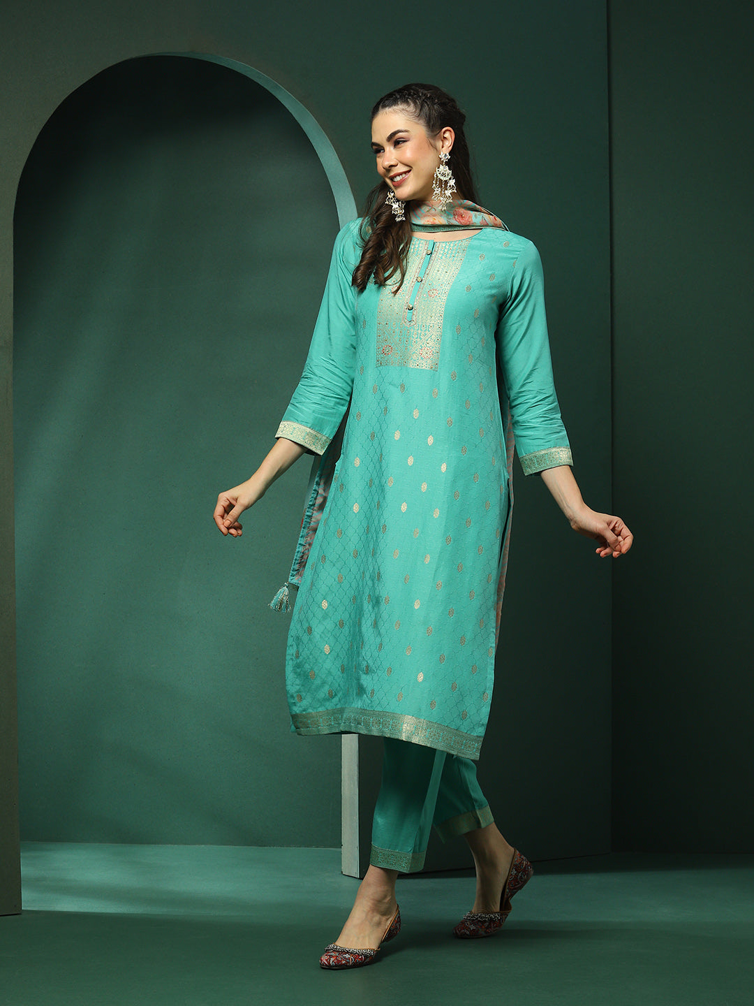 Turquoise Blue Jacquard Kurta Pant With Dupatta