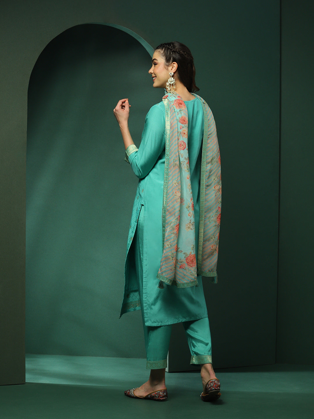 Turquoise Blue Jacquard Kurta Pant With Dupatta