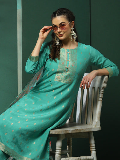 Turquoise Blue Jacquard Kurta Pant With Dupatta