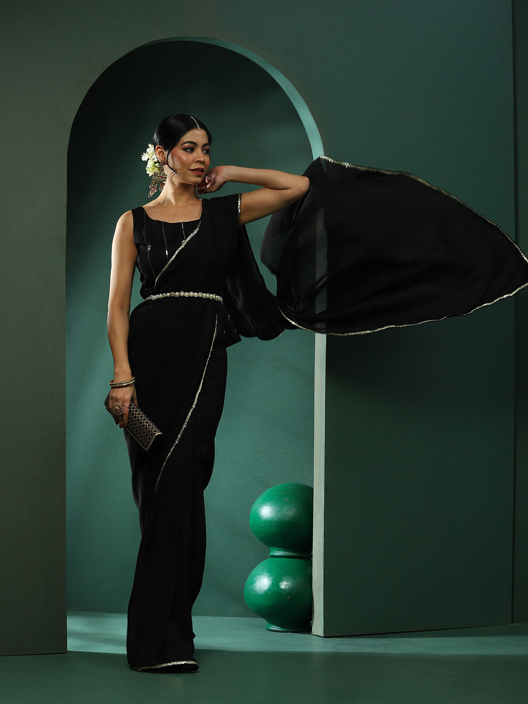 Black Saree With Embroidered Blouse